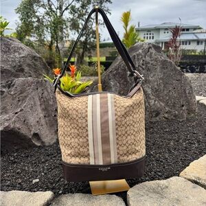 Coach Signature Stripe Canvas Leather Trim Hobo Shoulder Bag Brown Khaki